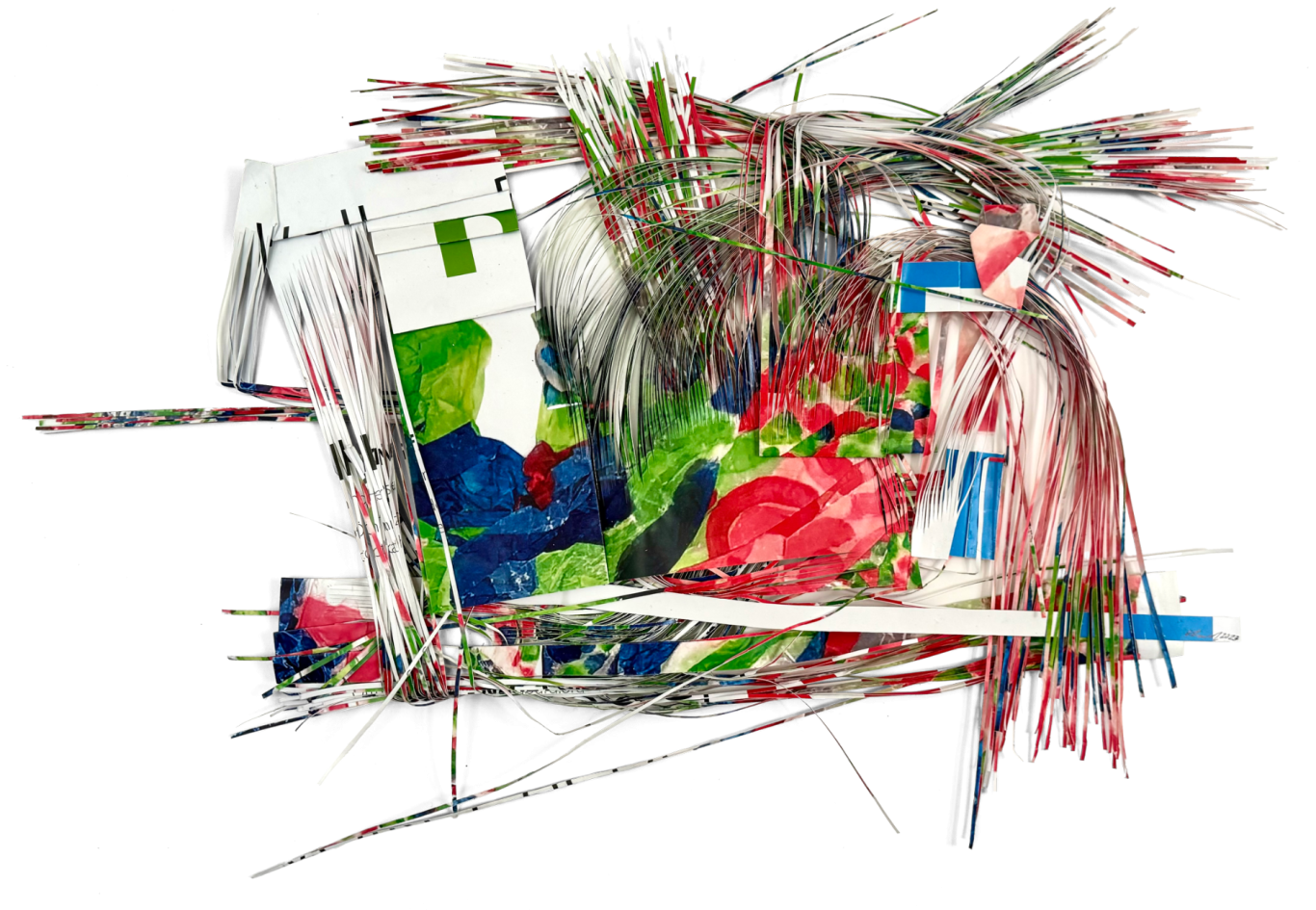 Volker Regel o.T. (kpi-8-230808), 2023, Collage aus typografischen Teilen der Plakates zur Ausstellung Keep Playing It; 94 x 124 cm abstraktes Kunstwerk aus Papier und Unikat. Papier gefaltetes, verklebtes Papier. Oberfläche naturbelassen.